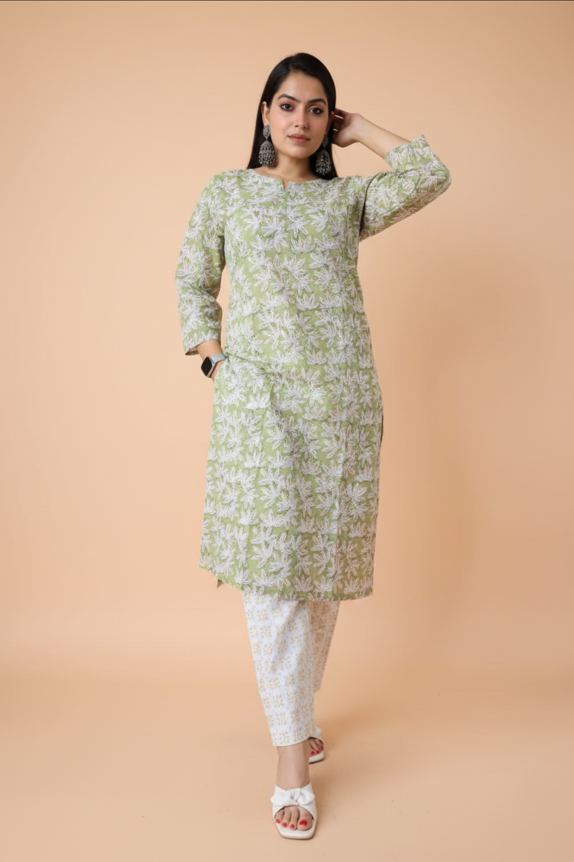 Green Floral Cotton Kurta Sets