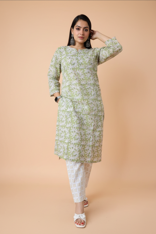 Green Floral Cotton Kurta Sets
