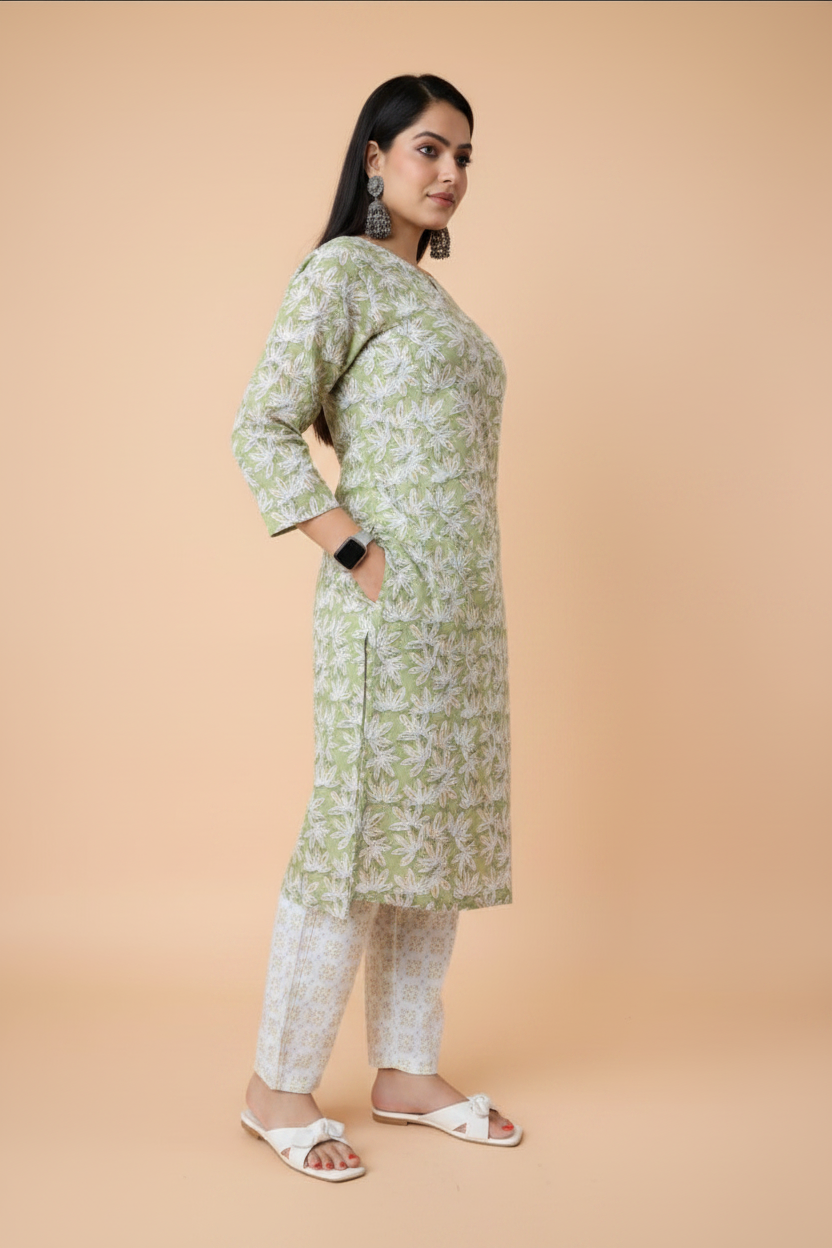 Green Floral Cotton Kurta Sets