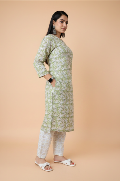 Green Floral Cotton Kurta Sets