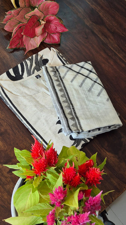 Khadi Linen Block Print Kurta, Pants & Dupatta Set