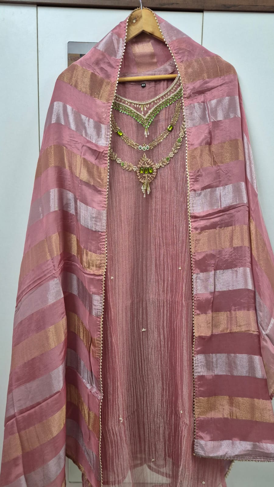 Premium Crush Tissue Kurti Set with Zardosi Handwork & Pure Jacquard Dupatta