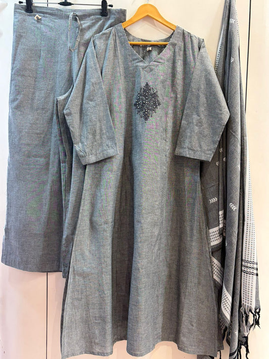 Handloom Cotton Kurta, Pants & Dupatta Set