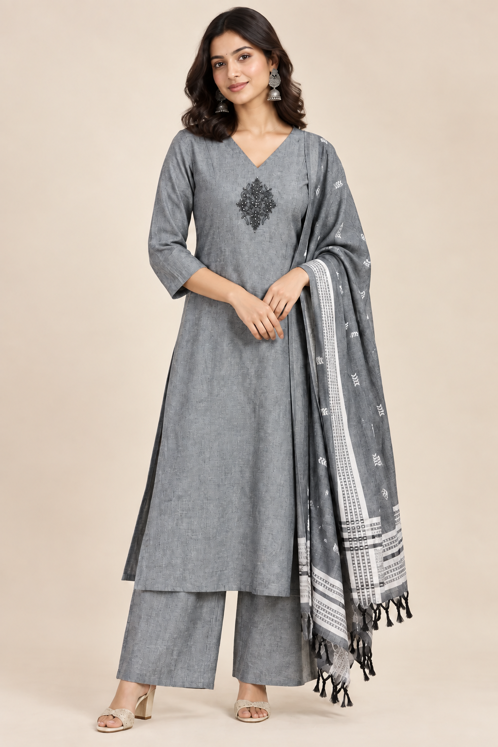 Handloom Cotton Kurta, Pants & Dupatta Set