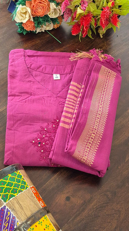 Handloom Cotton Kurta, Pants & Dupatta Set