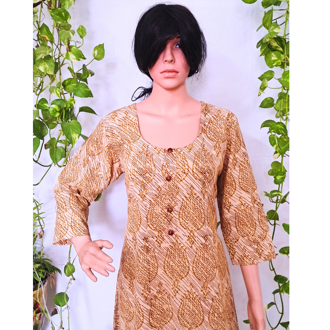 Beige Printed Cotton Kurta For Women