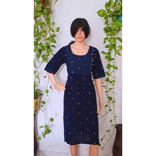 Navy Blue Embroidered Cotton Kurta