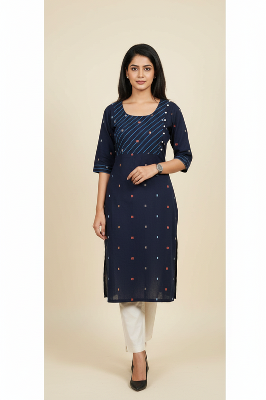Navy Blue Embroidered Cotton Kurta