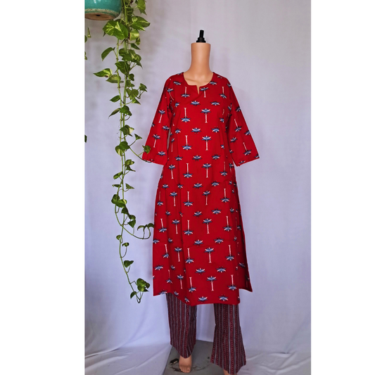 Red Aline Cotton Kurta Sets