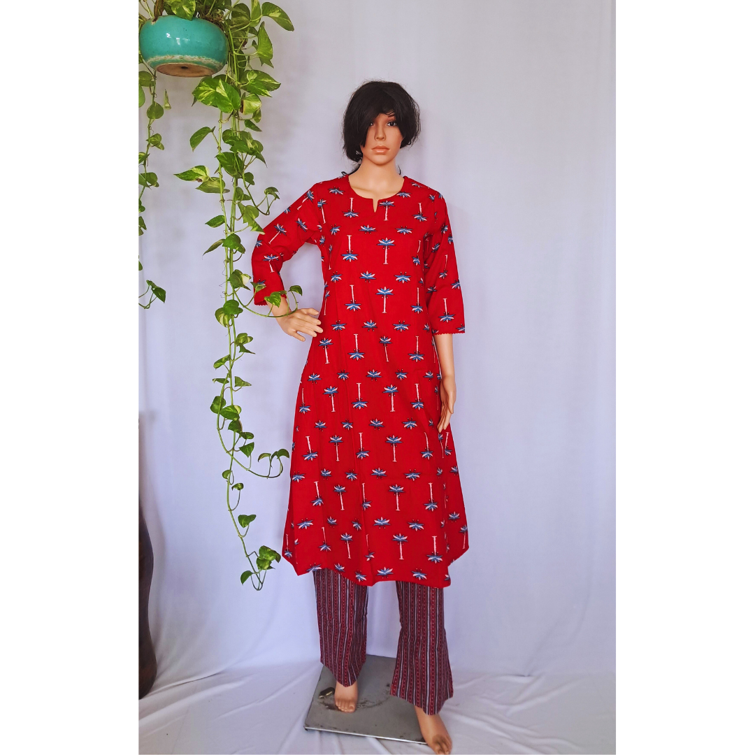 Red Aline Cotton Kurta Sets