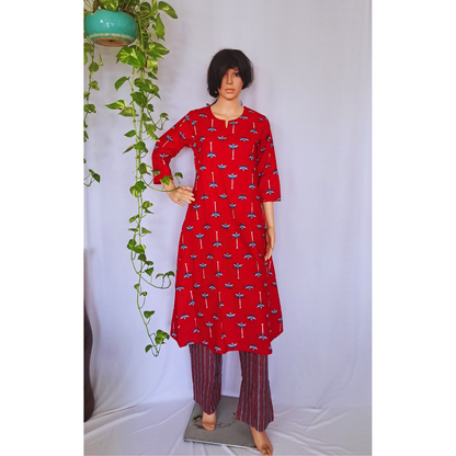 Red Aline Cotton Kurta Sets