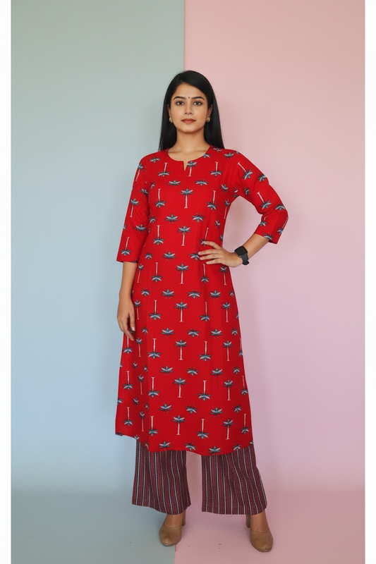 Red Aline Cotton Kurta Sets