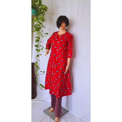 Red Aline Cotton Kurta Sets